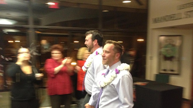Chad Lewis & Jason Donnelly emerge from the wedding following "Prop 8 On Trial" at Orlando Shakes (2/11/12)