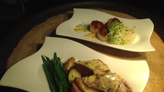 Chef Nathaniel Russell's seared diver scallops with leek pearl couscous and roasted pork tenderloin with bacon hollandaise