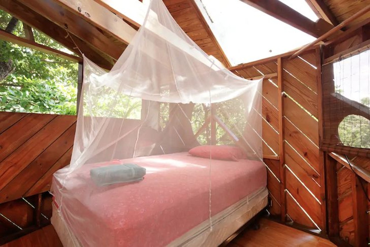 Treehouse Canopy Room: Permaculture Farm
2 guests, 1 bedroom, 1 bed, 1 shared bath
Estimated price per night: $65 
Inside, there&#146;s a double bed for two with a net to protect you from the mosquitos, as well as a citronella candle, two fans and incense. 
Photo via Airbnb