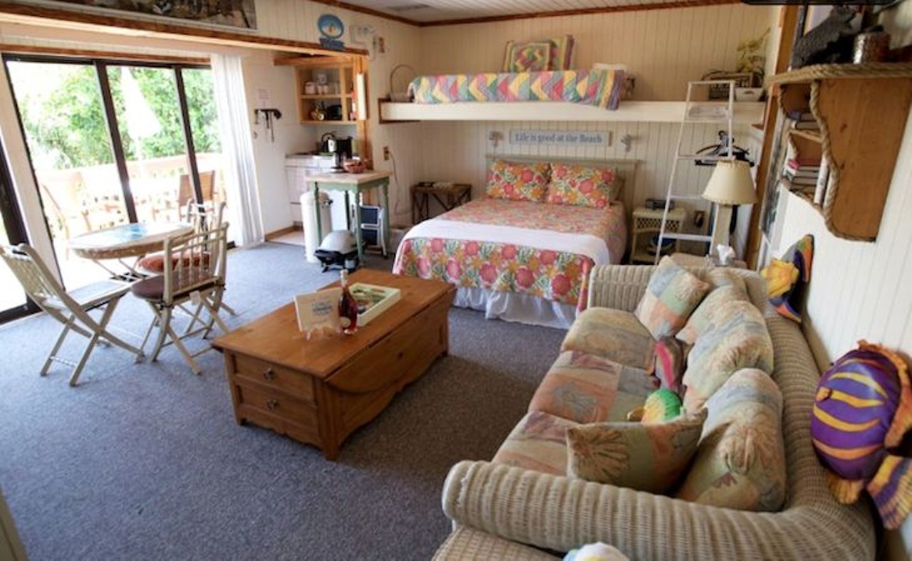 Getaway suite rental on Captiva Island 
1 unit, 4 guest capacity, 1 night minimum stay,$281.41 per night
The open space includes a bed, sleeper sofa and dining area.