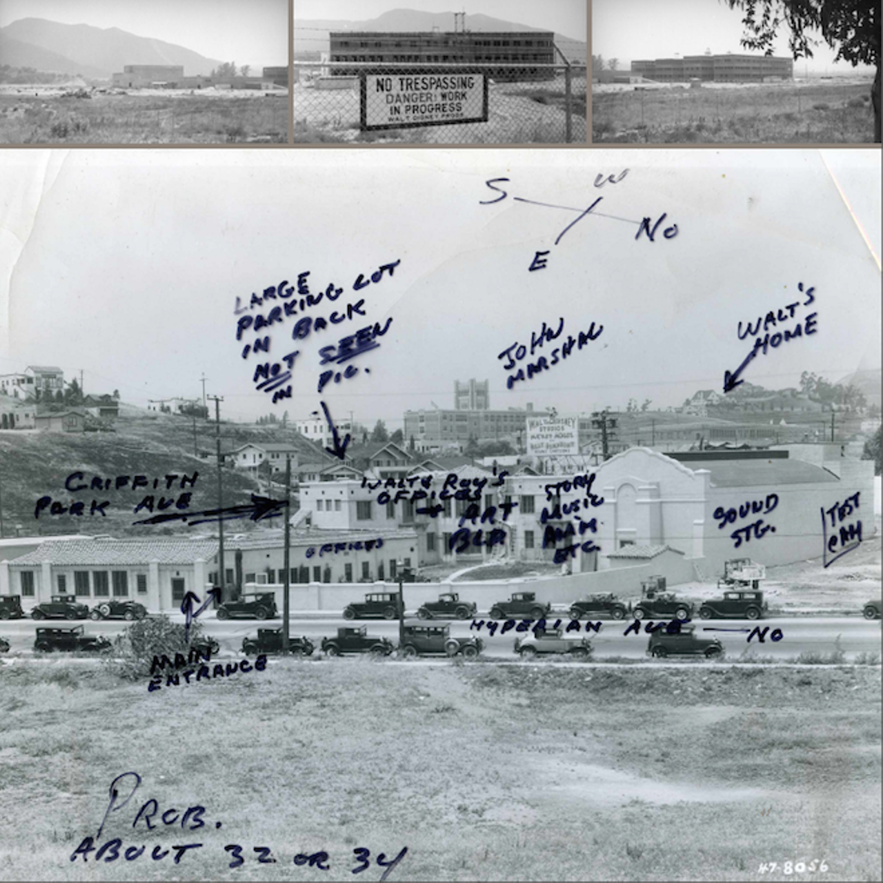 Photos taken by Schultheis of the old Disney Studios. (bottom, ~1932-34) and the construction of the new Disney Studios (top, 1939)Bottom image courtesey of Robert Swarthe via Max MorganTop image courtesy of the Los Angeles Public Library Photo Collection