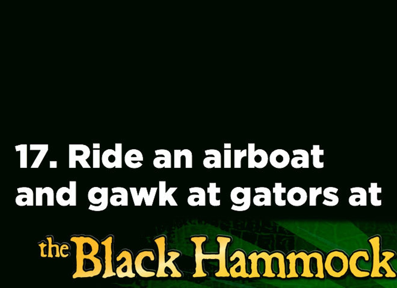 17. Ride an airboat at Black Hammock Adventures (2356 Black Hammock Fish Camp Road, Oviedo, theblackhammock.com). Riding airboats and gawking at gators is a quintessentially Central Floridian activity, and Black Hammock, located on gator-choked Lake Jesup, is the spot to do it.