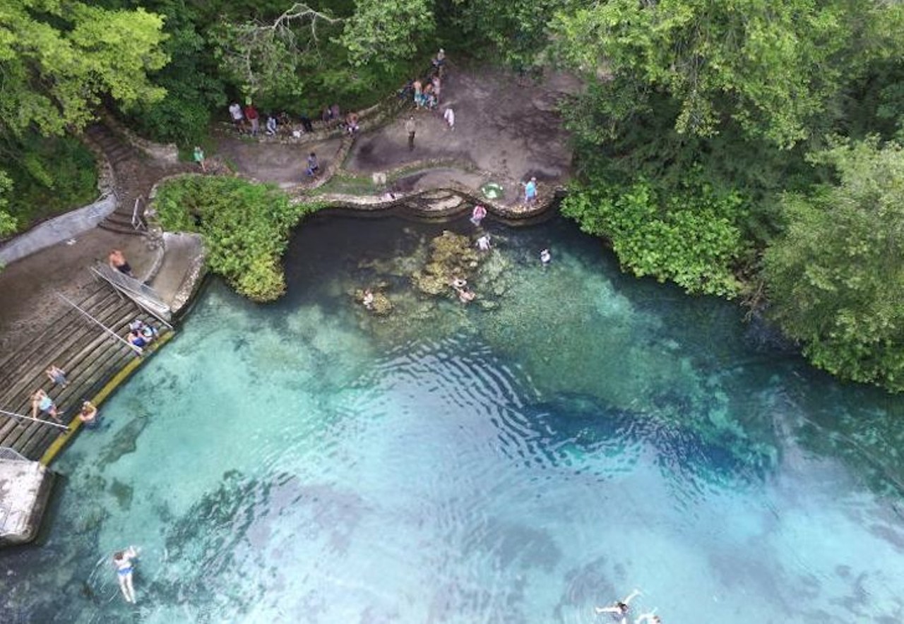 Ichetucknee Springs State Park   
12087 SW U.S. Highway 27, Fort White, 386-497-4690
Exploring the Blue Hole in this park is a must if you stop by here. Even from the top of the water, you can catch a glimpse of the over 600 feet of cave systems that begin 40 feet from the surface.
Photo via Florida State Parks