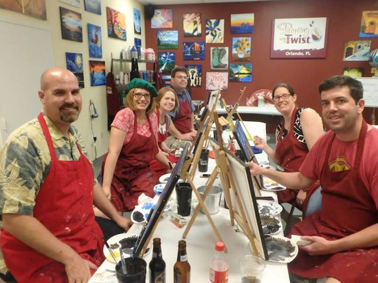 Painting With a Twist
6700 Conroy Windermere Road, 407-601-7800, paintingwithatwist.com/orlando
You don't have to be Matisse to put a paintbrush on a canvas and drink some wine. Go with a group and let the wine do the work while you chat up the cutie next to you.Photo via Painting with a Twist on Facebook