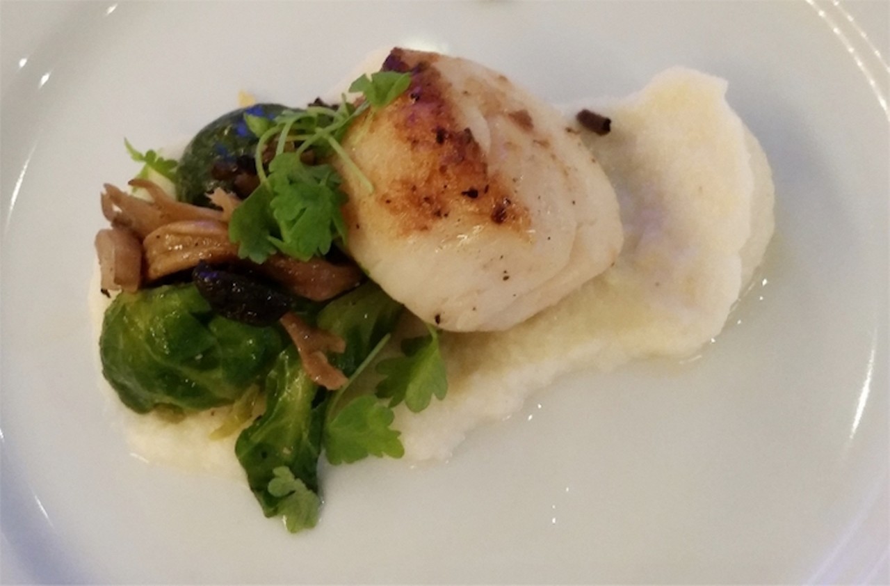 Seared scallop with truffle celery root puree, Brussels sprouts and wild mushrooms (Wine & Dine Studio)