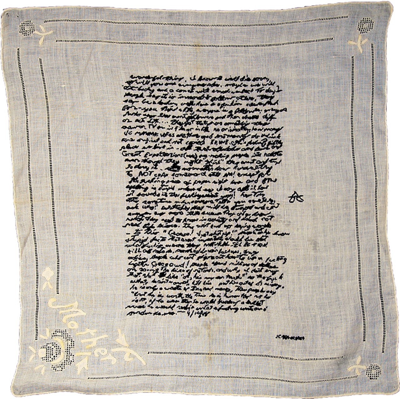 Through Aug. 14Florida Prize in Contemporary Art 2016 at Orlando Museum of Art&#147;Love Letters/White Flag: The Book of God (detail)&#148; by Noelle Mason, 2009-2016, hand-embroidered white handkerchief