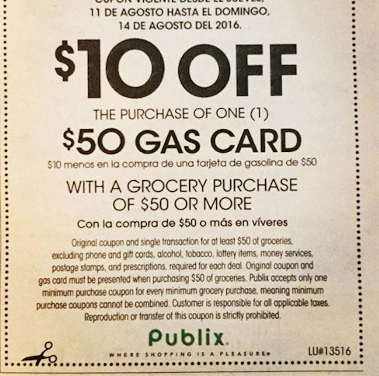 Always get the gas card
Every once in a while, an in-ad coupon for $10 off the purchase of a $50 gas card will appear in the sales paper. The catch is that you can only get this deal if you purchase $50 in groceries, which is pretty easy to do. If your transaction totals out to $50 without the gas card and before you hand over any coupons, then you qualify to purchase the $50 gas card for only $40 and there&#146;s no activation fee. 
Photo via counponinglifewithfiggy/instagram