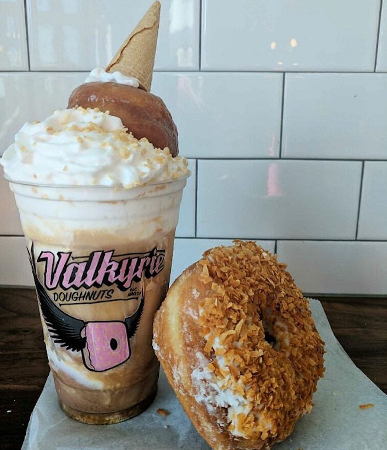 Bullshit Blend at Valkyrie 
12226 Corporate Blvd. Ste. 160, 407-999-9799 
The Bullshit Blend is the perfect treat for a hot day. The blend will always have vegan soft serve mixed with coffee or a flavored sparkling drink topped with whipped cream, a tiny doughnut, and a cone, but the dessert is a different creation every time. Make sure to check out Valkyrie's Instagram account to see what the Bullshit Blend flavor of the day is.  
Photo via valkyriedoughnuts/Instagram