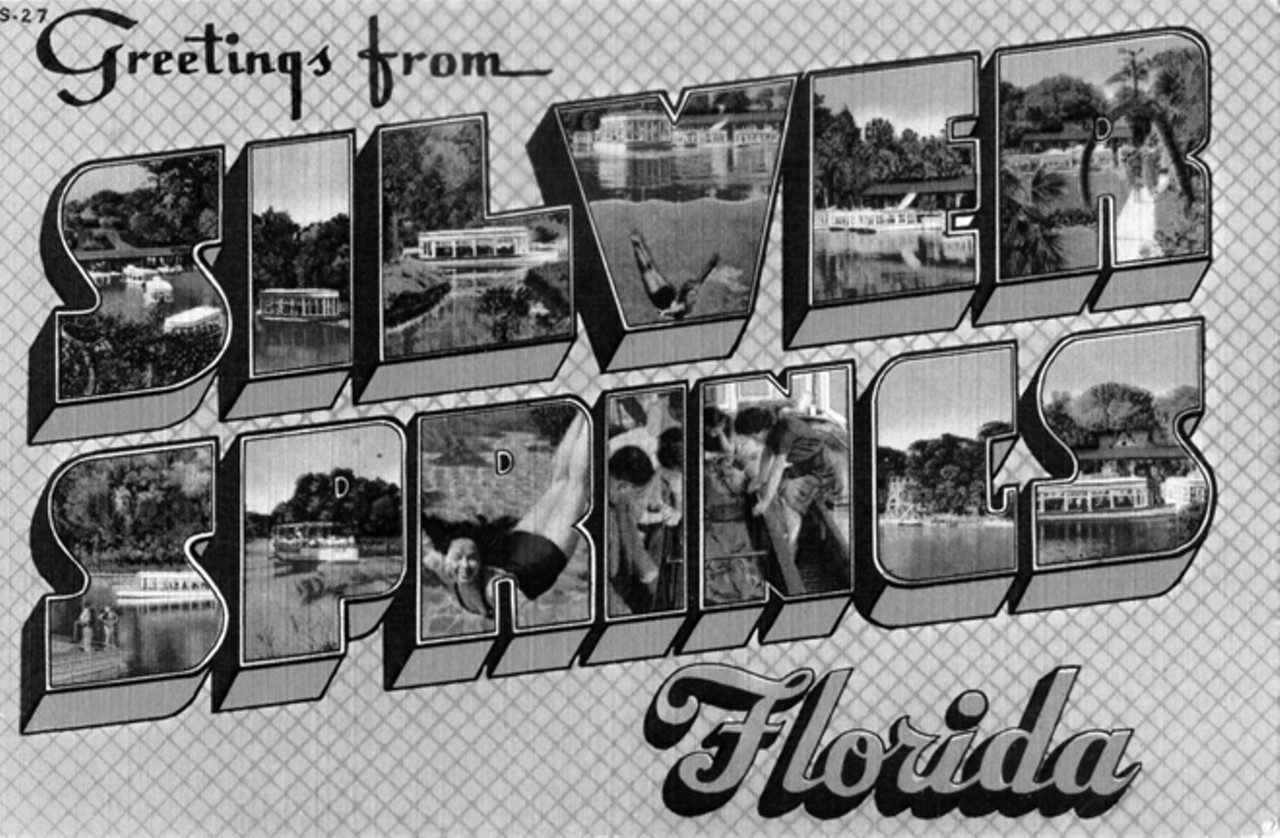 Big Letter postcard from Silver Springs featuring the glass bottom boats, the horseshoe palms, and underwater swimming, circa 1945. By permission of Lu Vickers. Reprinted with permission of the University Press of Florida.