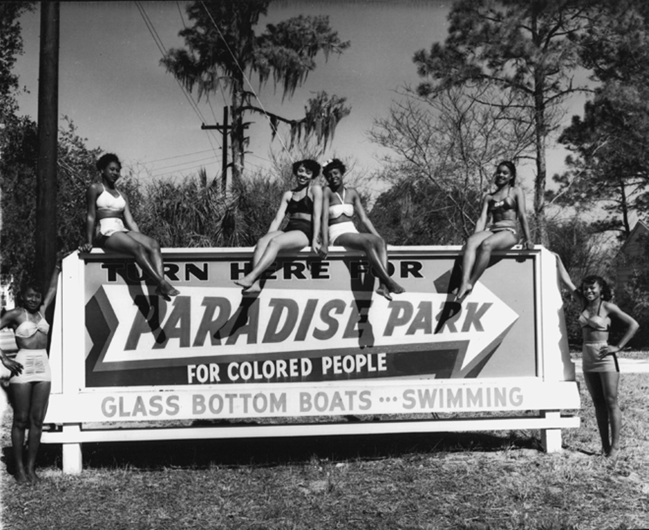 Posing in their swimsuits in an advertisement for Paradise Park are (left to right) Ida Lee Donaldson, unknown, Susie Long, Alma Jacobs, Patricia Bright, and Ernestine Stevenson, 1950. Photo by Bruce Mozert. By permission of Bruce Mozert. Courtesy of Cynthia Wilson-Graham. Reprinted with permission of the University Press of Florida.