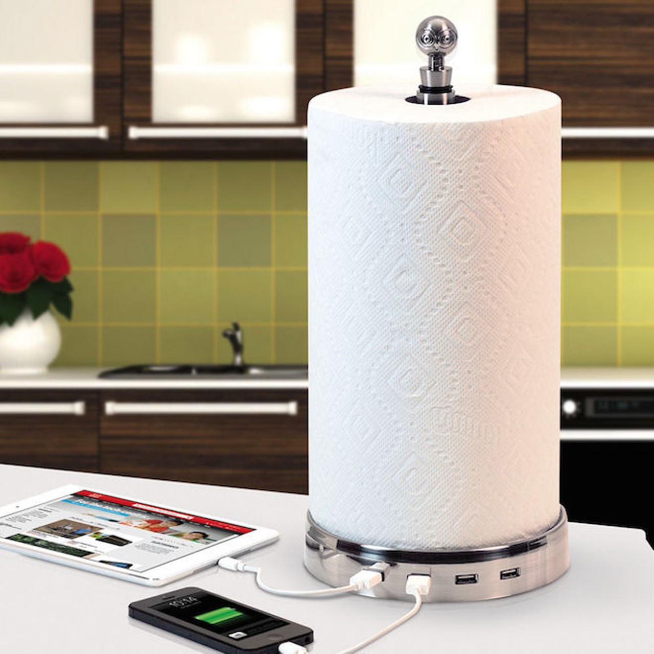 A paper towel holder with USB ports, so you can charge your iPad while drying your hands.