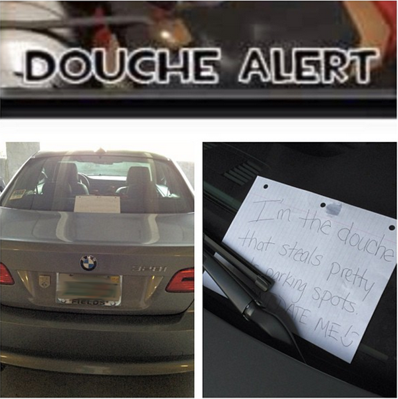 And, sometimes the notes are just plain bizarre.
"Lets have a toast to the douchebag that stole my spot, made me late to class & made me miss my quiz. It says, 'I'm the douche that steals pretty girls parking spots. Don't date me ;)"
Photo via itsstacymarie