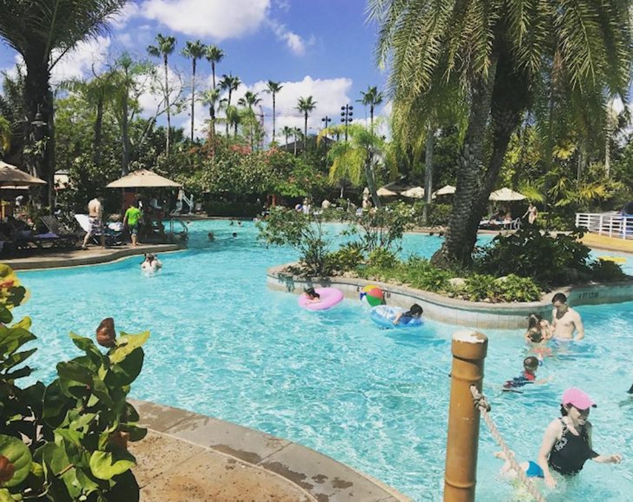 Loews Royal Pacific Resort at Universal Orlando 
6300 Hollywood Way | 407-503-3000 | 8 a.m. - 11 p.m.
This lagoon-style pool is perfect for the picky family. Kids can splash around in the ship-themed water play area, adults can relax or watch TV in rentable poolside cabanas and and everyone can enjoy activities like pool basketball, hula hoop contests, ping pong tournaments and weekly &#147;dive in&#148; movies. Friends and family can accompany registered guests to the pools, but only if they stay together at all times.
Photo via pcereijo/Instagram