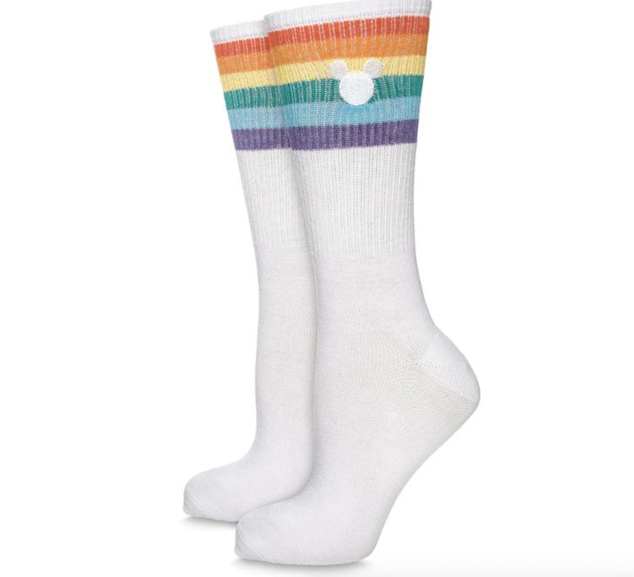 Mickey Mouse Knee Socks
White knee-high socks complete any look with yarn dye rainbow stripes and embroidered Mickey icons for $6.95.
Photo via shopDisney