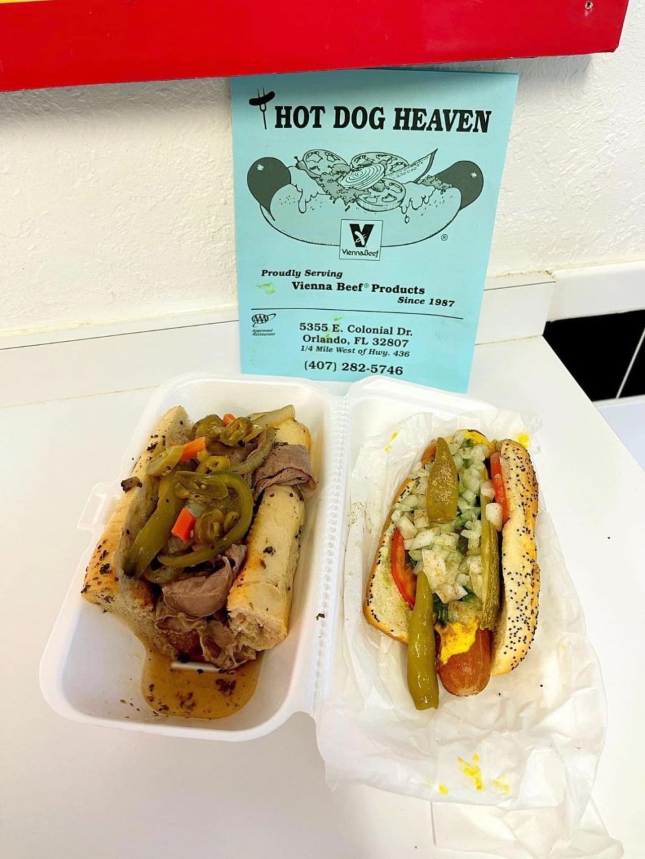 Hot Dog Heaven 
5355 E Colonial Dr, Orlando, FL 32807, 407-282-5746
Hot Dog Heaven has been open since 1987 selling authentic dogs from Chicago.  The dogs are made of 100% pure Vienna beef.
Photo via Hot Dog Heaven/Facebook