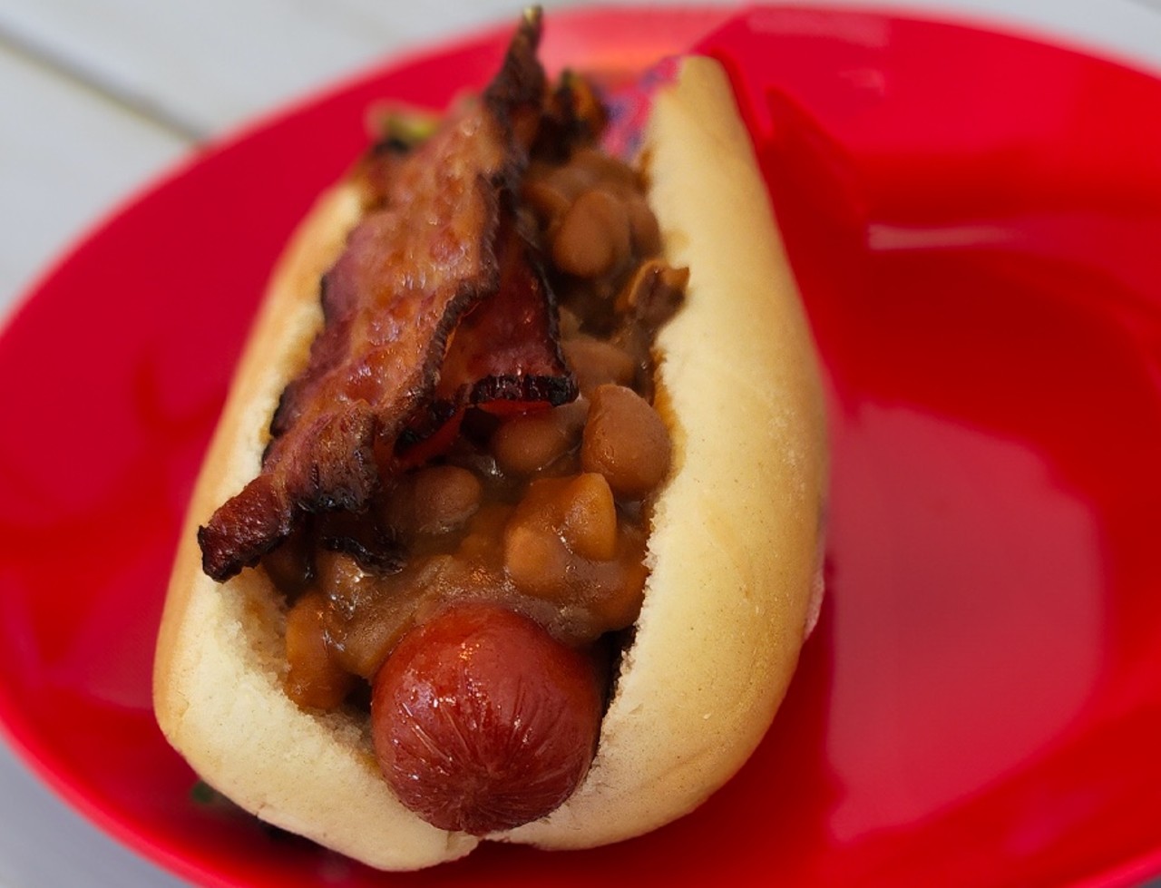 Campfire Dog 
An all beef hotdog topped with baked beans and applewood bacon.
Location: DeAnna's Donut Burger