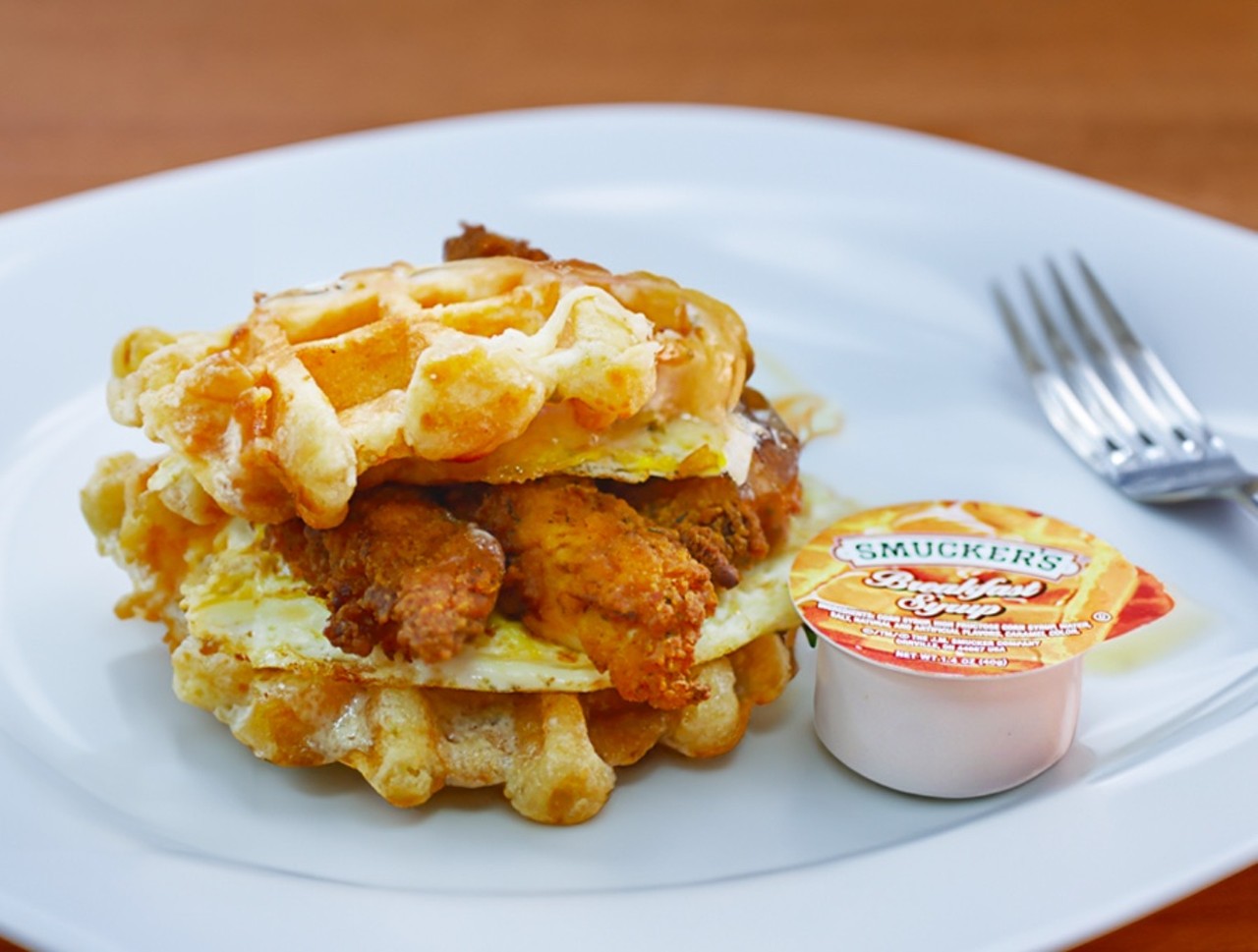 Waffle Chicken Sandwich
Two waffles, pepperjack cheese for that spicy kick, chicken tenders and two eggs. Pair this with a Cuban coffee and you’re set!
Location: The Bean Bar Co