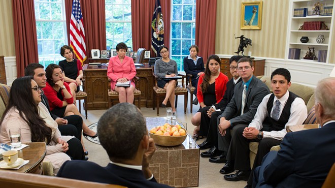President Barack Obama and Vice President Joe Biden meet with DREAMers in the Oval Office, May 21, 2013.