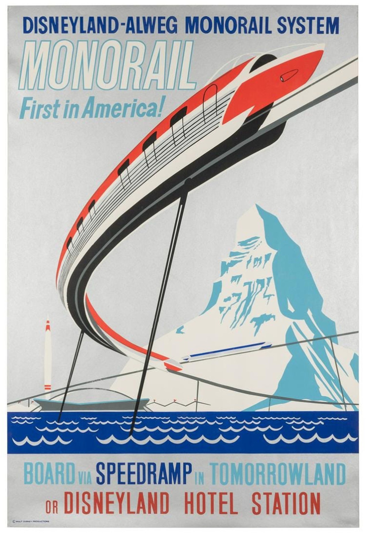 Disneyland&#146;s Monorail debut poster
Estimated Sale Price: $8,000-10,000 
Also designed by Paul Hartley, this 54 x 36&#148; example is especially notable for its unique metallic grey paint which gives the image an extra shimmer.