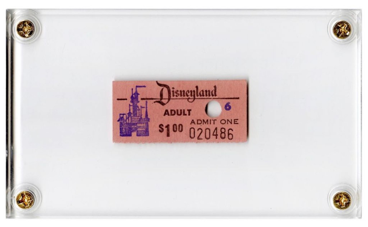 1955 Disneyland adult admission ticket
Estimated Sale Price: $600-800 
Priced at $1.00, this standalone midcentury admission ticket is one of the first passes issued by the park and is among the rarest.
