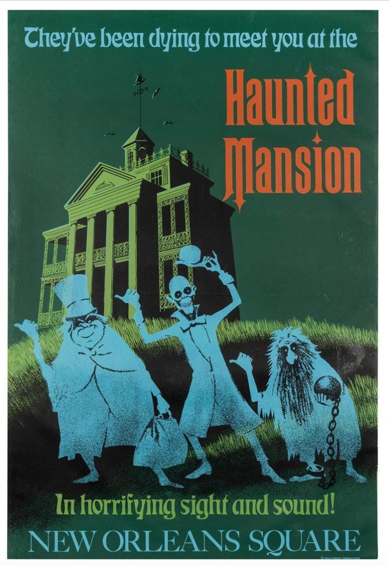 1969 Haunted Mansion/New Orleans Square Poster
Estimated Sale Price: $10,000-15,000 
A Disneyland poster designed by Ken Chapman and Marc Davis. This 54 x 36&#148; example features the hitchhiking ghosts in front of the Mansion and is signed by Marc Davis.
