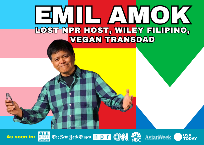 Photo of Emil in front of the transgender flag, asian pride flag, and vegan flag.