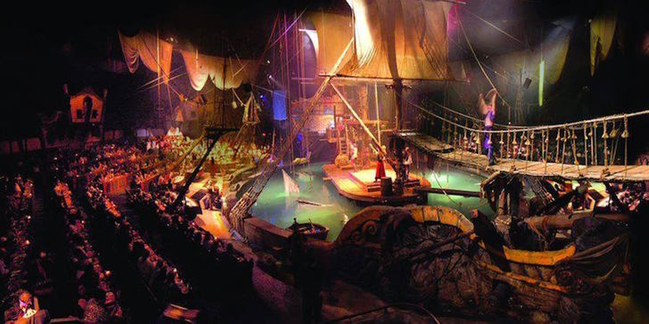 Pirate&#146;s Dinner Adventure  
Craziest Restaurants in America
6400 Carrier Drive | (407) 206-5102
This restaurant is the only place in Orlando where dinner and a show means eating in a 46-foot-long ship anchored in a lagoon with acrobats pulling stunts overhead. Pirate&#146;s Dinner Adventure was featured on the &#147;Big, Bigger, Biggest&#148; episode of Craziest Restaurants in America which aired in July of 2017. 
Photo via Pirate&#146;s Dinner Adventure/Facebook