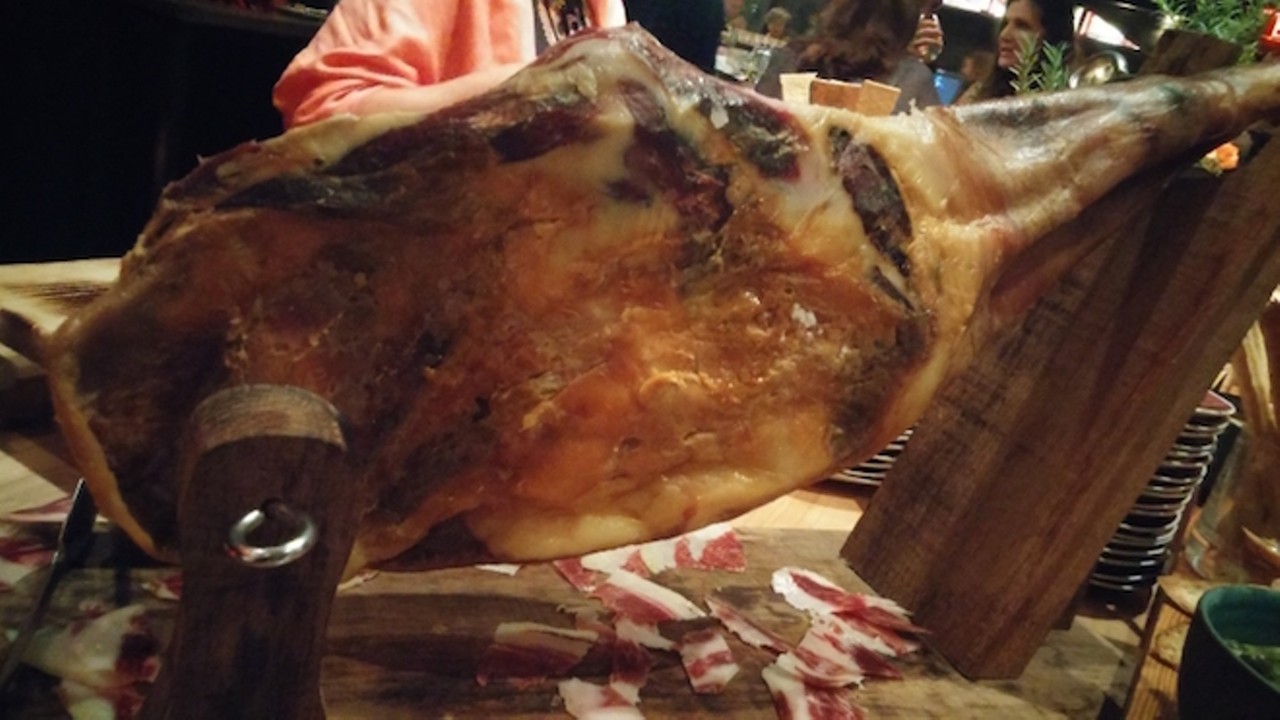 A leg of jamon, the focal point of the charcuterie spread