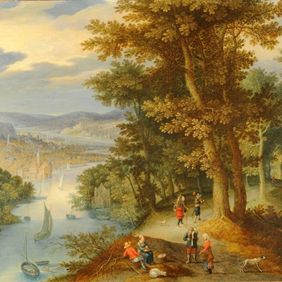 Marten Rijckaert, (Antwerp,1587-1631), An Extensive Wooded River Landscape with Travelers, ca. 17th Century    Oil on copper, 13.5 x 20 in. Long term loan from The Grasset-Linares Collection