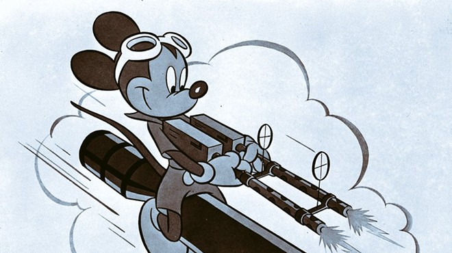 A WW2-era insignia created by Disney shows Mickey Mouse riding a bomb.