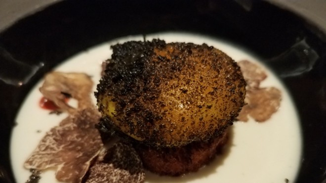 Fried egg yolk with white truffles at Ravello's annual White Truffle Dinner