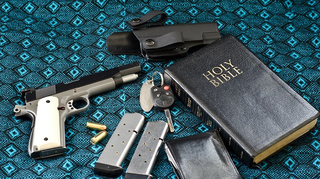[pats pockets] Let's see: wallet, keys, 45-caliber semiautomatic pistol, extra clips, ankle holster, Good Book ... yep, ready for church
