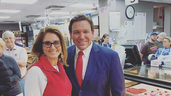 Gov. Ron DeSantis with his newest appointee to the Florida board of education, Esther Byrd. She's pro-QAnon, Proud Boys and Jan. 6, and anti-anti-fascists