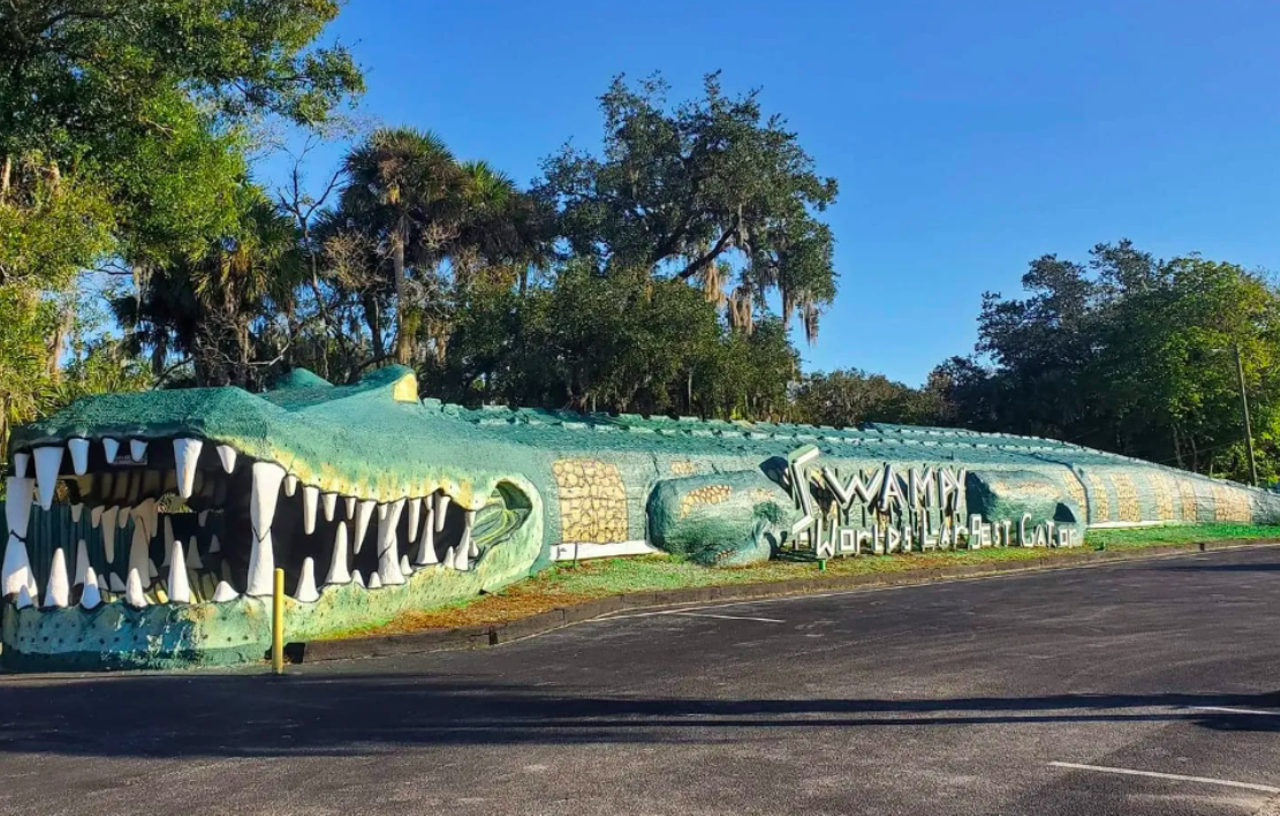 Swampy: World’s Largest Alligator
13700 SW 16th Ave., Ocala
Visit the world's largest alligator (-shaped building) right here in Central Florida. About 200 feet long, Swampy is the cornerstone of Florida's Jungle Adventures (a roadside zoo), built in the 1980s by the park's founder.