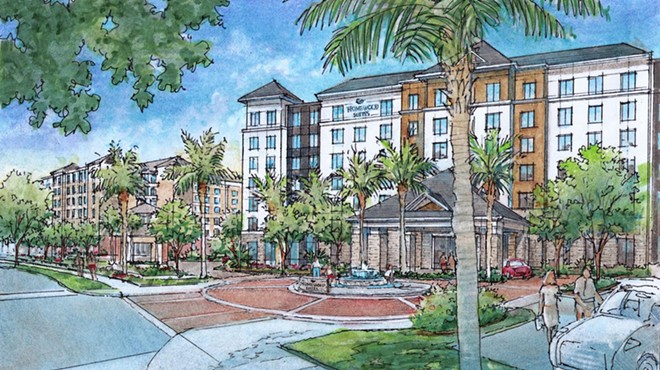 Concept art for two of the hotels at Flamingo Crossings