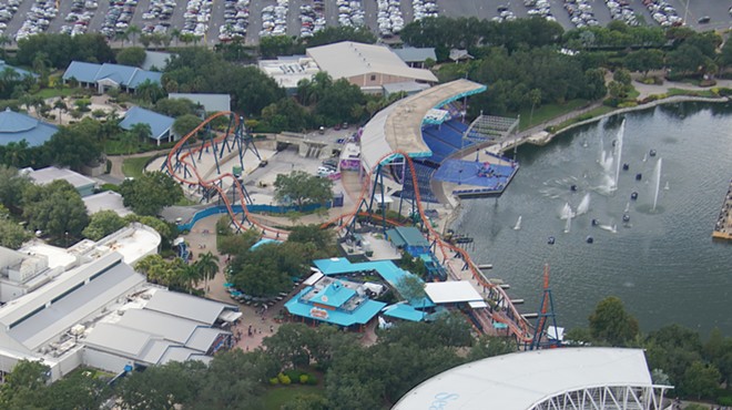 A photo from August showing the completed Ice Breaker coaster. Wild Arctic can be seen on the left side and the edge of the Project Penguin site upper middle and right corner.