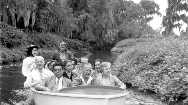 A group of international teachers take in the sights of the Cypress Gardens boat tour in 1958. Accompanying note on the image identifies the teaches as 1st row: Mr. Hen Seang Moey, Singapore, Mr. Leslie Johnson, Australia, Mrs. Marian Black, Tallahassee, 2nd row: Mr. Johannes Helgheim, Norway, Miss Claudia Thonnard, Sec., Mr. Mario Maricchio, Italy (& wife) Left rear: Miss Elsa Morales, Mexico.