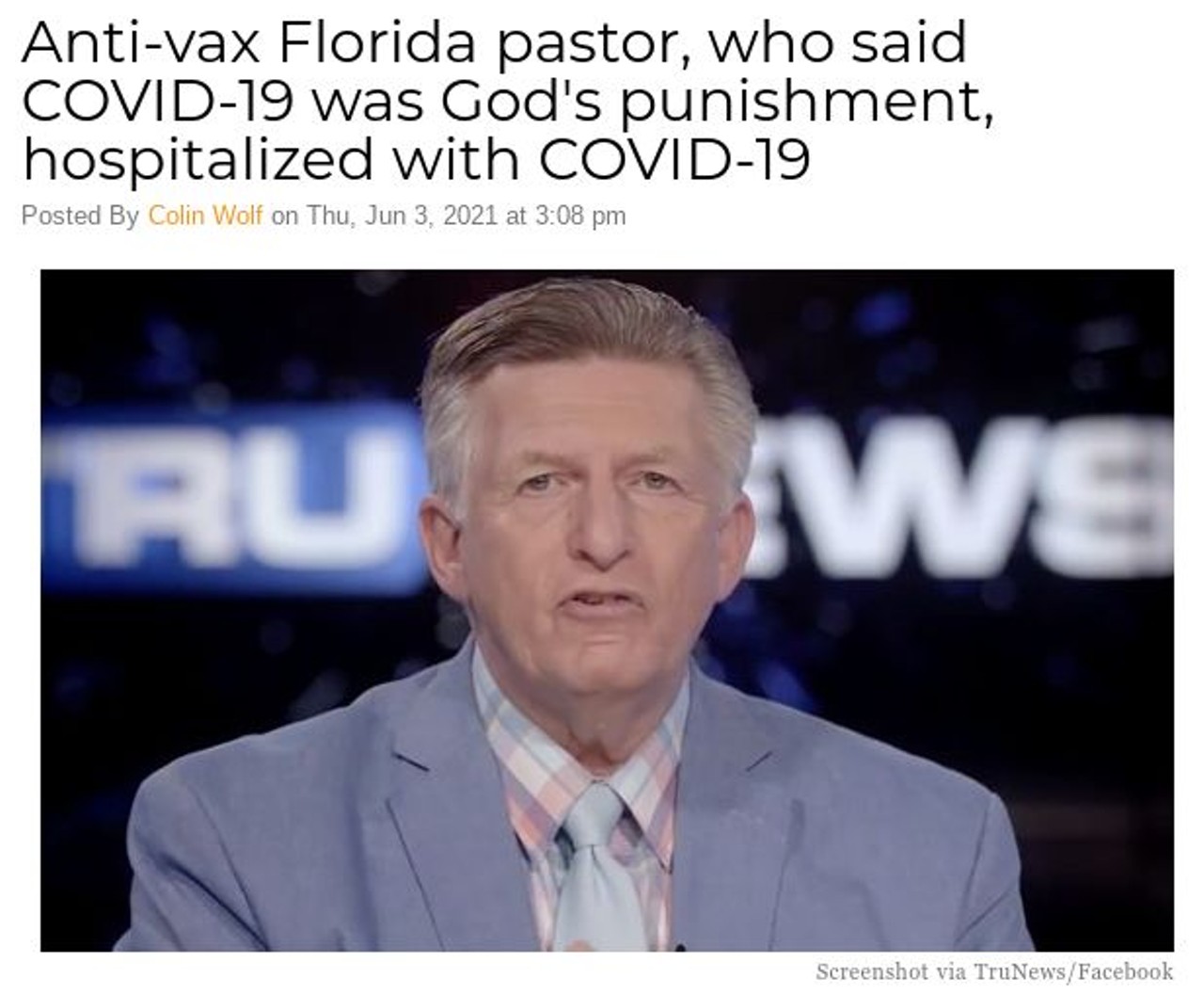 Anti-vax Florida pastor, who said COVID-19 was God's punishment, hospitalized with COVID-19

