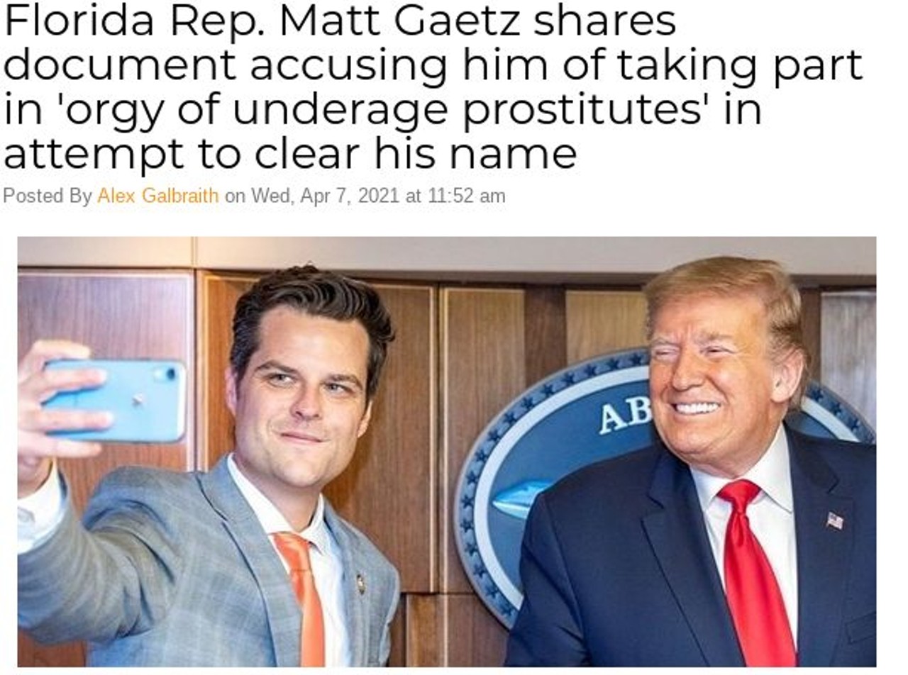 Florida Rep. Matt Gaetz shares document accusing him of taking part in 'orgy of underage prostitutes' in attempt to clear his name
