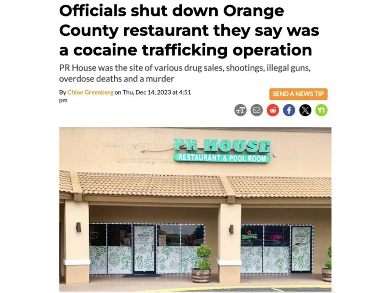Punctuating a nearly 20-year-long investigation, officials arrested the PR House's owner and 17 others associated with the "criminal enterprise." Orange County Sheriff John Mina said the restaurant was also the site of drug sales, shootings, illegal guns, several overdose deaths and a murder. Read full article