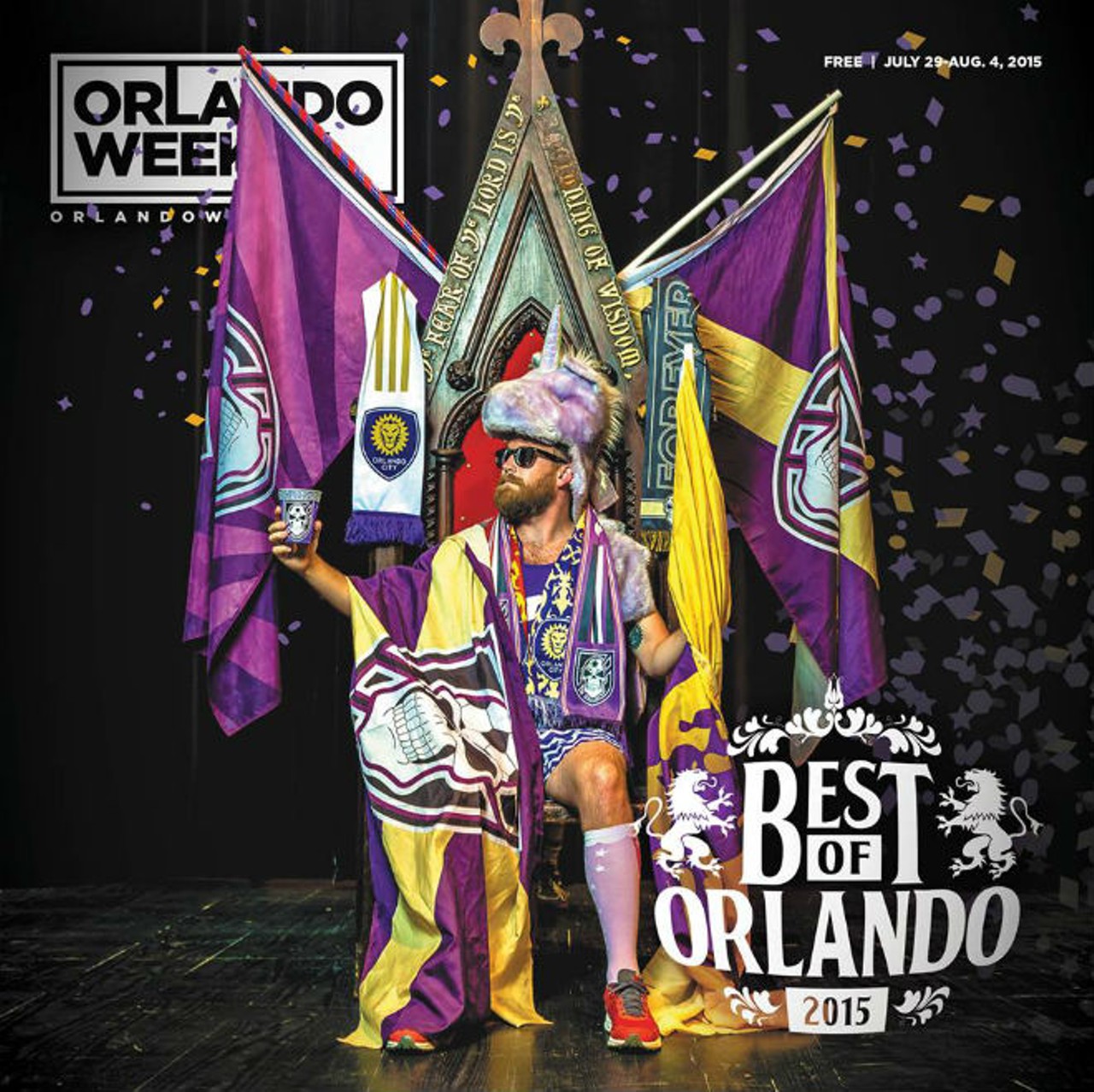Best of Orlando 2015
Every single year, I always leave our annual Best of Orlando cover shoot mumbling &#147;holy shit, BEST SHOOT EVER&#148;: this year was no exception. Rob Bartlett&#146;s shot of Danny Voss (a.k.a. &#147;Unicorn Guy&#148;), unsung fan-mascot of Orlando City Soccer, was pure gold. It took a little convincing to get our publisher behind the massive amounts of empty space on the sides, but that&#146;s a huge part of my job: getting the world around me to see my vision, and help them decide if it&#146;s the best course of action for the company as a whole. Very proud of this one.