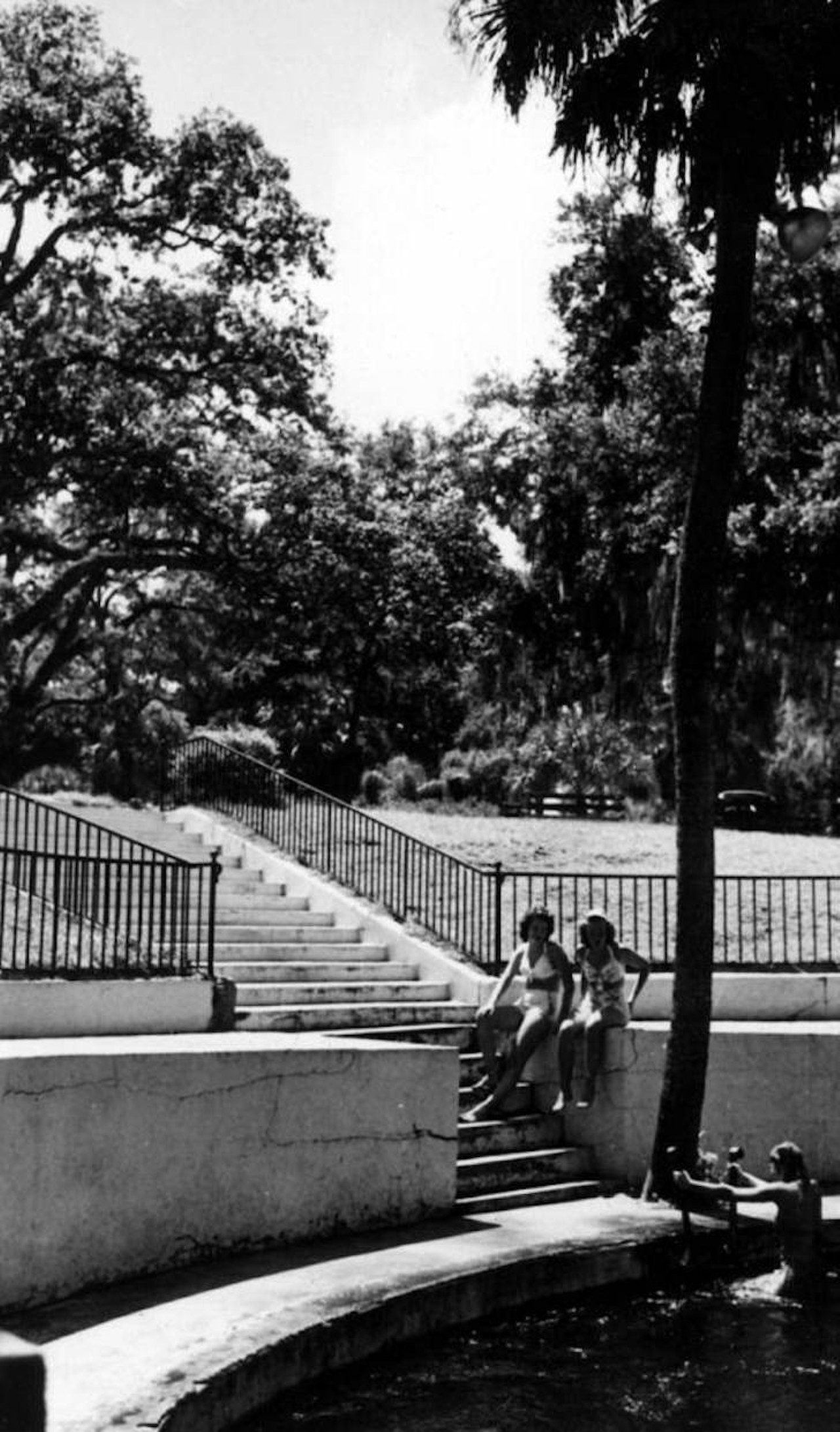 Visitors use stair to reach the springs, 1946.