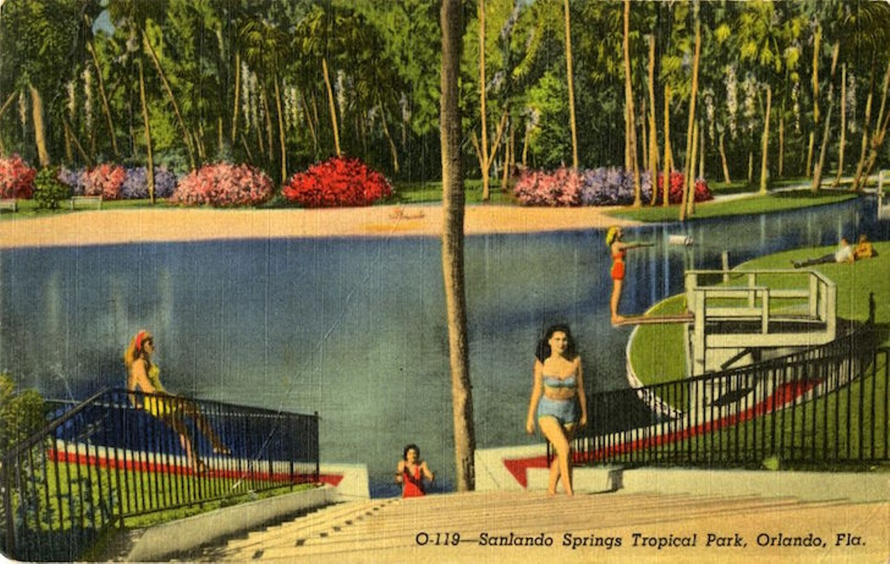 Sanlando Springs Tropical Park, 1947. An accompanying note says, "Sanlando Springs Tropical Park, located halfway between Orlando and Sanford, is famed for its tropical beauty and fresh-water bathing, picnic and recreational grounds."