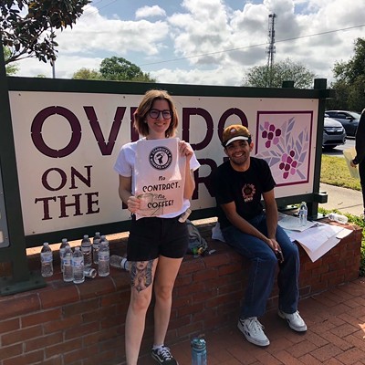 Courtney Thompson (left) stands on the picket line with fellow Starbucks workers at Central Florida's only unionized Starbucks on March 22, 2023.