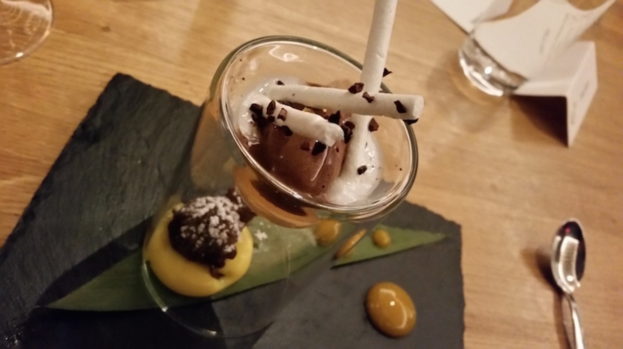 Dessert: banana beignets, passion fruit, 66 percent caraibe chocolate