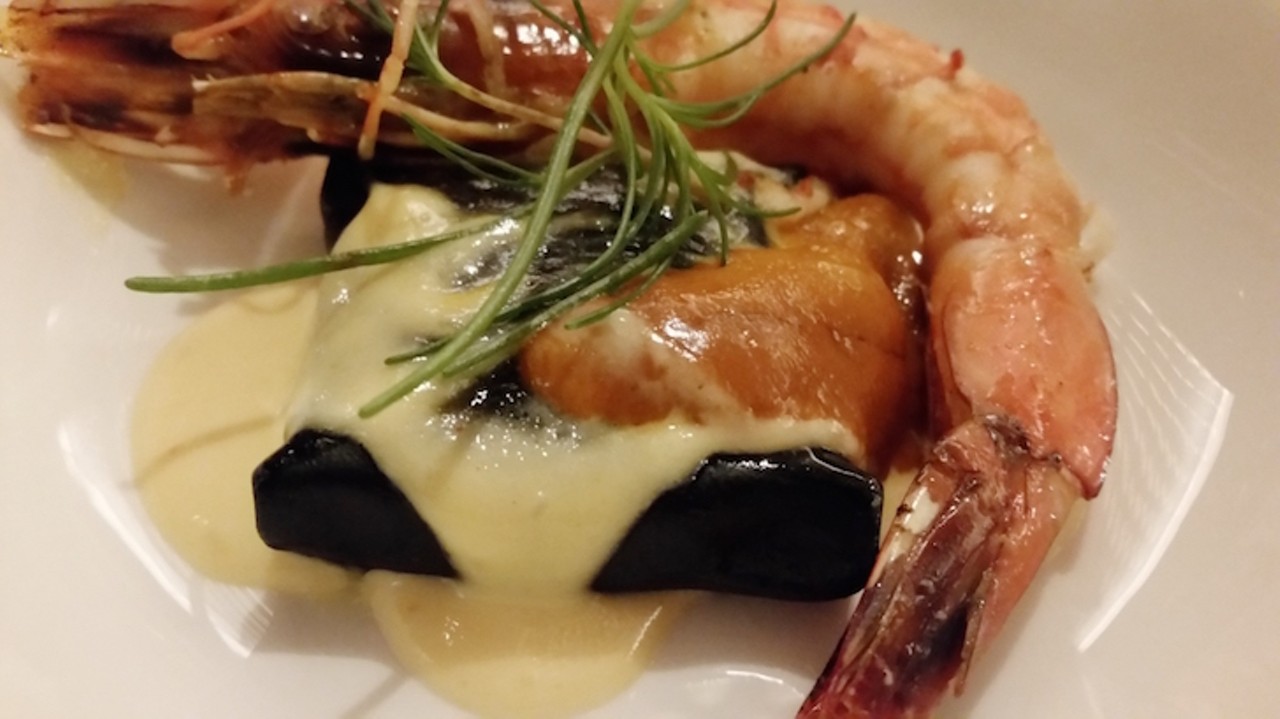 Pasta course &#150; prawns, squid ink, pea, uni