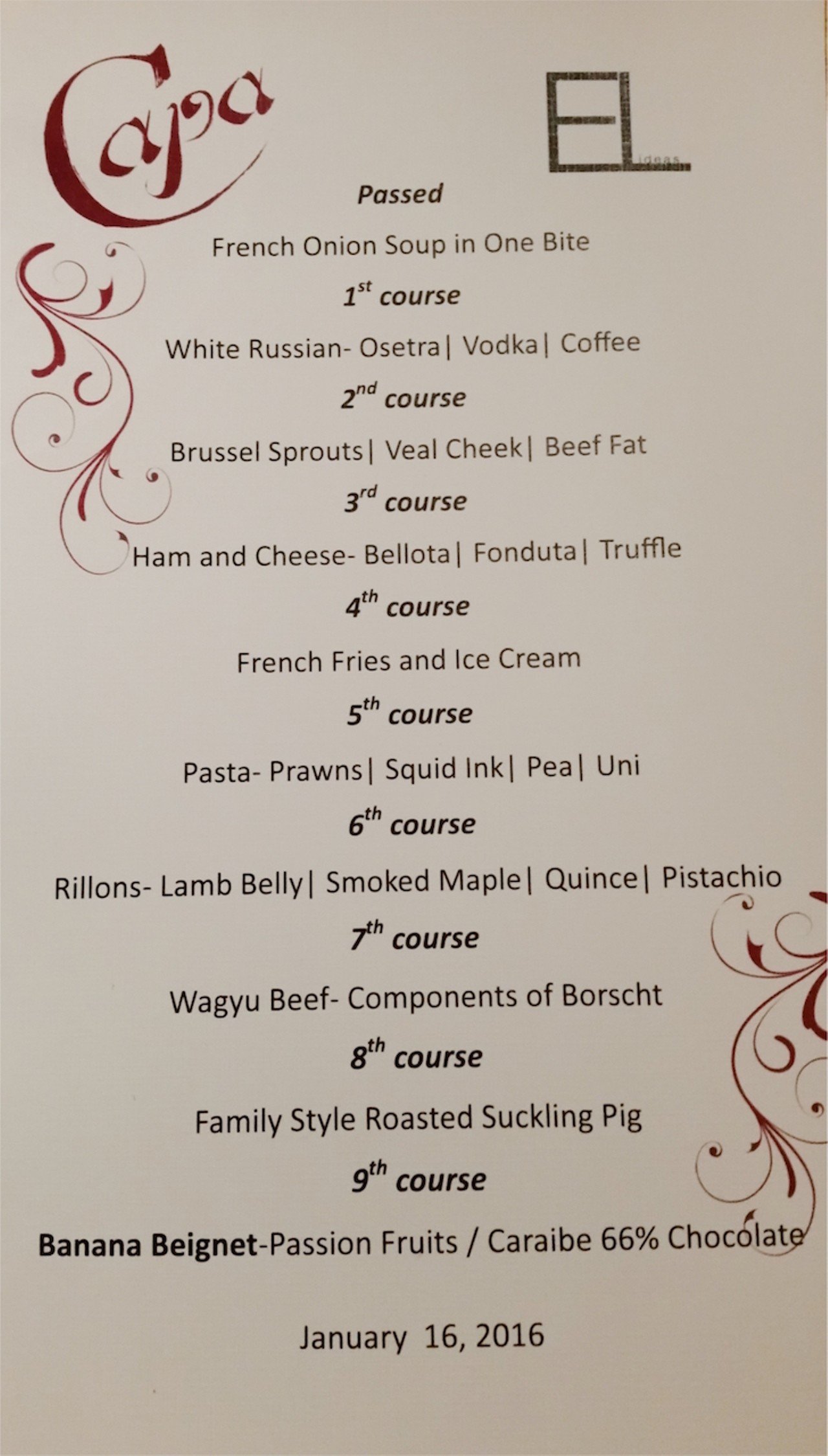 The menu for the evening