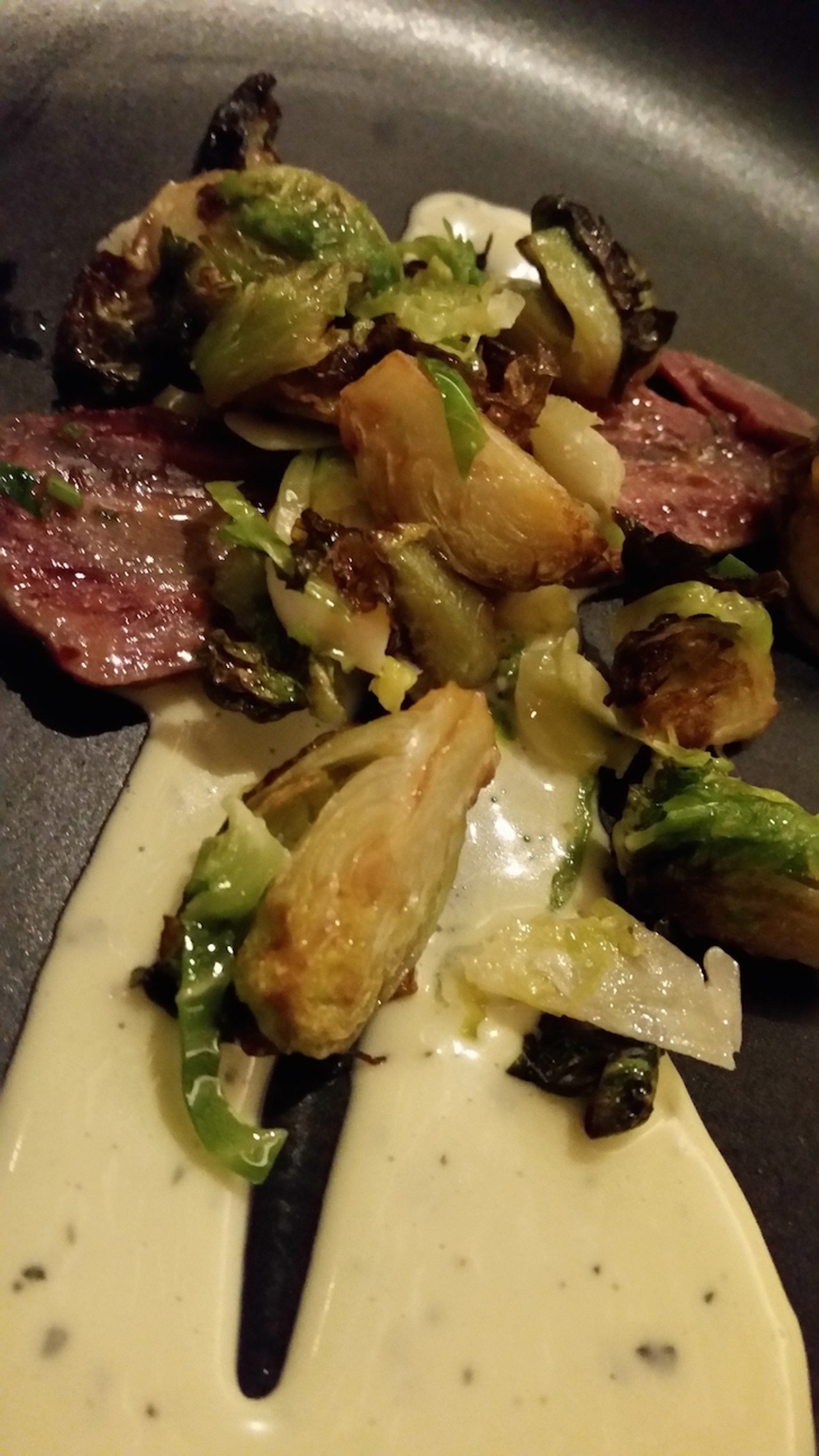 Brussels sprouts, veal cheek, beef fat