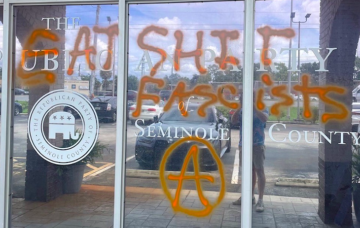Suspiciously neat 'Eat Shit Fascists' graffiti sprayed on Seminole County GOP headquarters