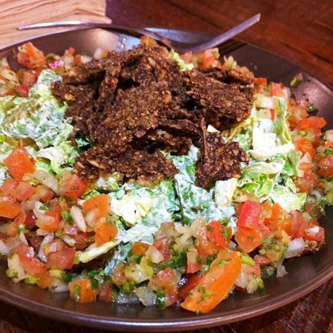 Taco salad at Skyebird Juice Bar? & Experimental Kitchen
3201 Corinne Drive, 407-758-9311
All raw, served in a Mason jar, it's a generous pile of romaine topped with fresh salsa, walnut "taco meat" and creamy cashew "sour cream."
Photo via Dafoodie